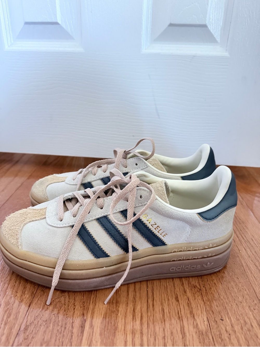 adidas Women’s Gazelle Platform Sneakers in Cream with Navy Stripes